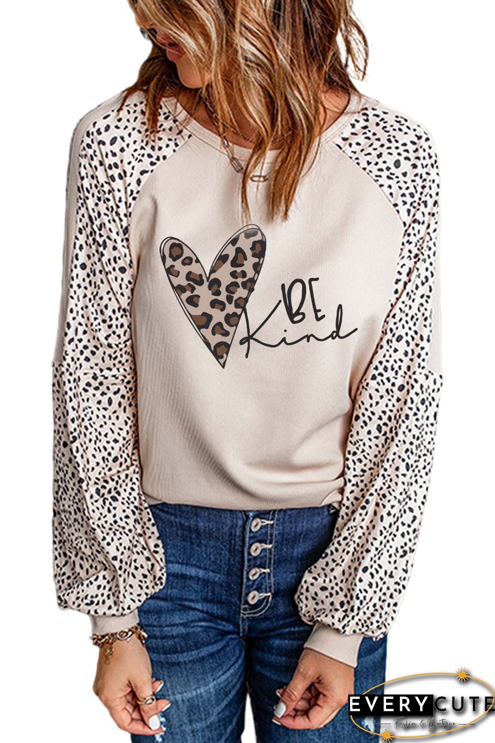 Letter Leopard Heart Shape Print Puff Sleeve Top