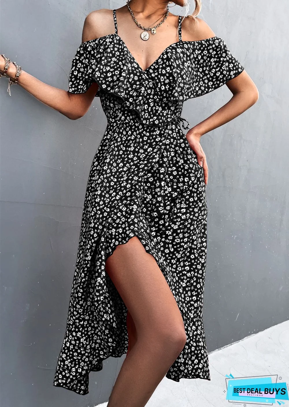 One Shoulder Floral Halter Dress Irregular Dress