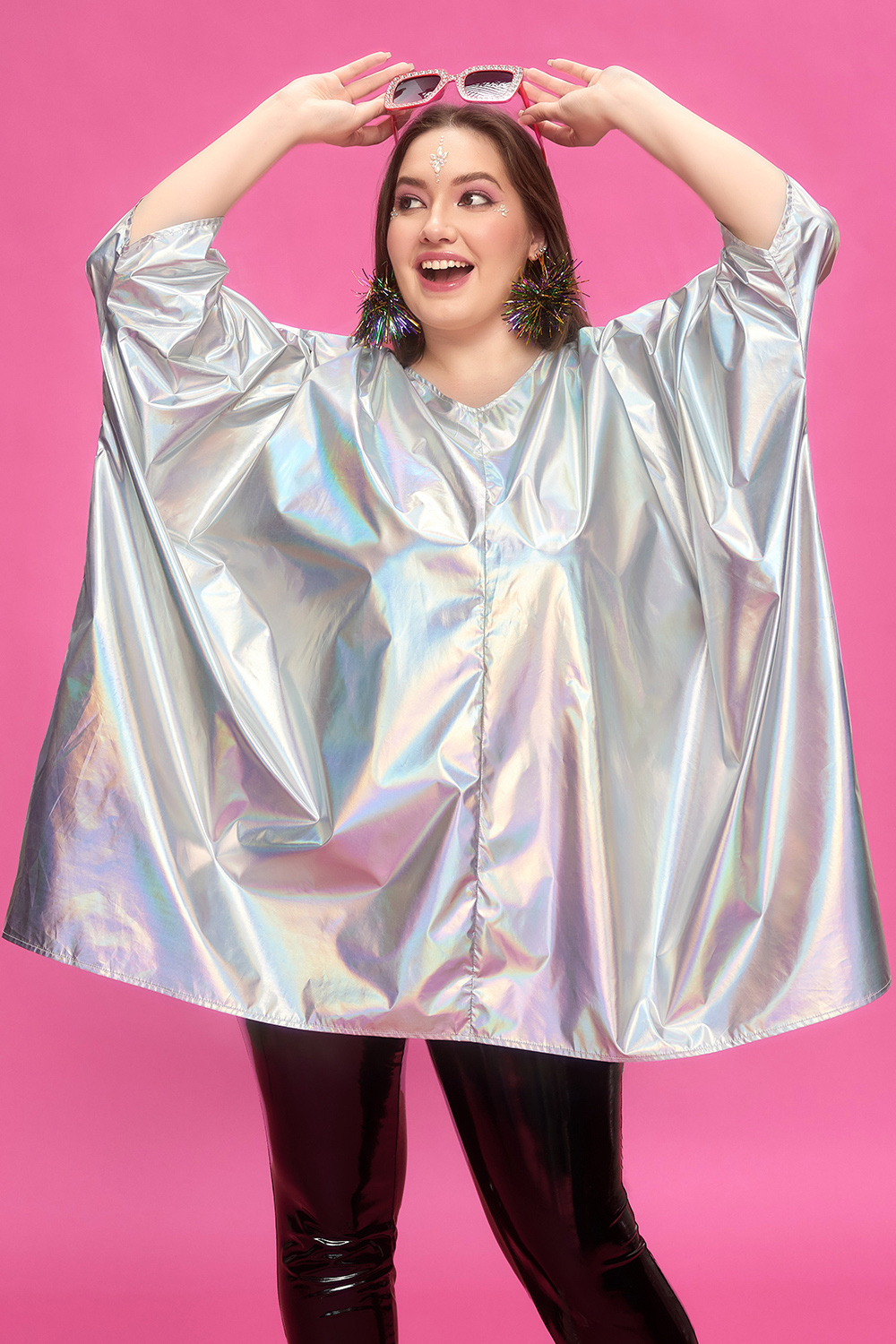 Design Plus Size Party Silver V Neck Batwing Sleeve 3/4 Sleeve Glitter Tops [Pre-Order]