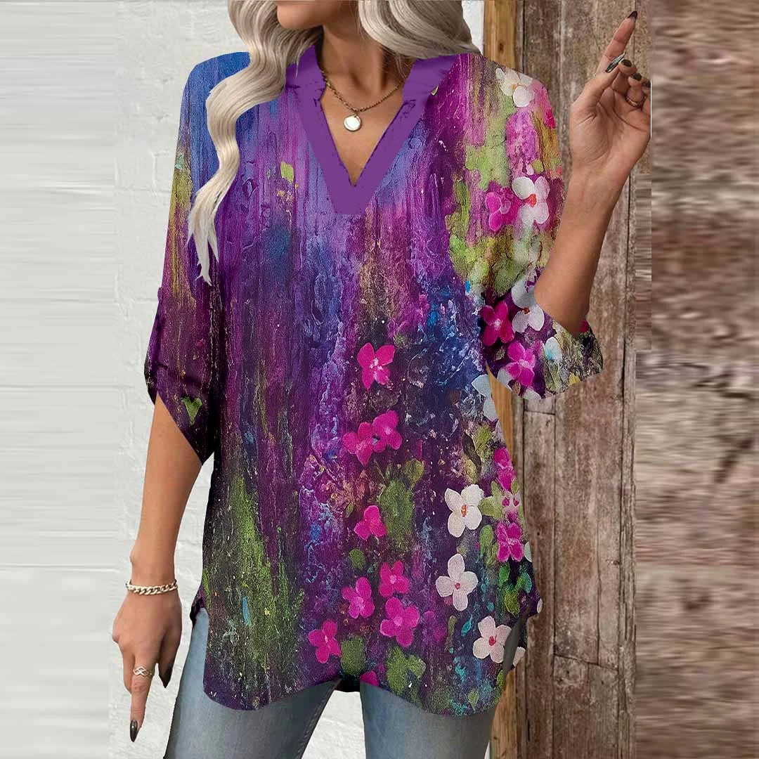 Women Floral,Purple,Red DZGA0573 3/4 Sleeve V-neck Printed Graphic Button Tops