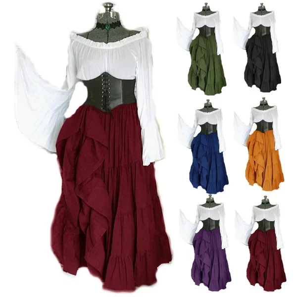 Renaissance Classic Women Vintage Retro Vogue Flare Sleeve Pirate Gypsy Dress Chemise Corset Outfit Waist Steampunk Costume Medieval Court Style Elegant Cosplay Dresses Plus Size
