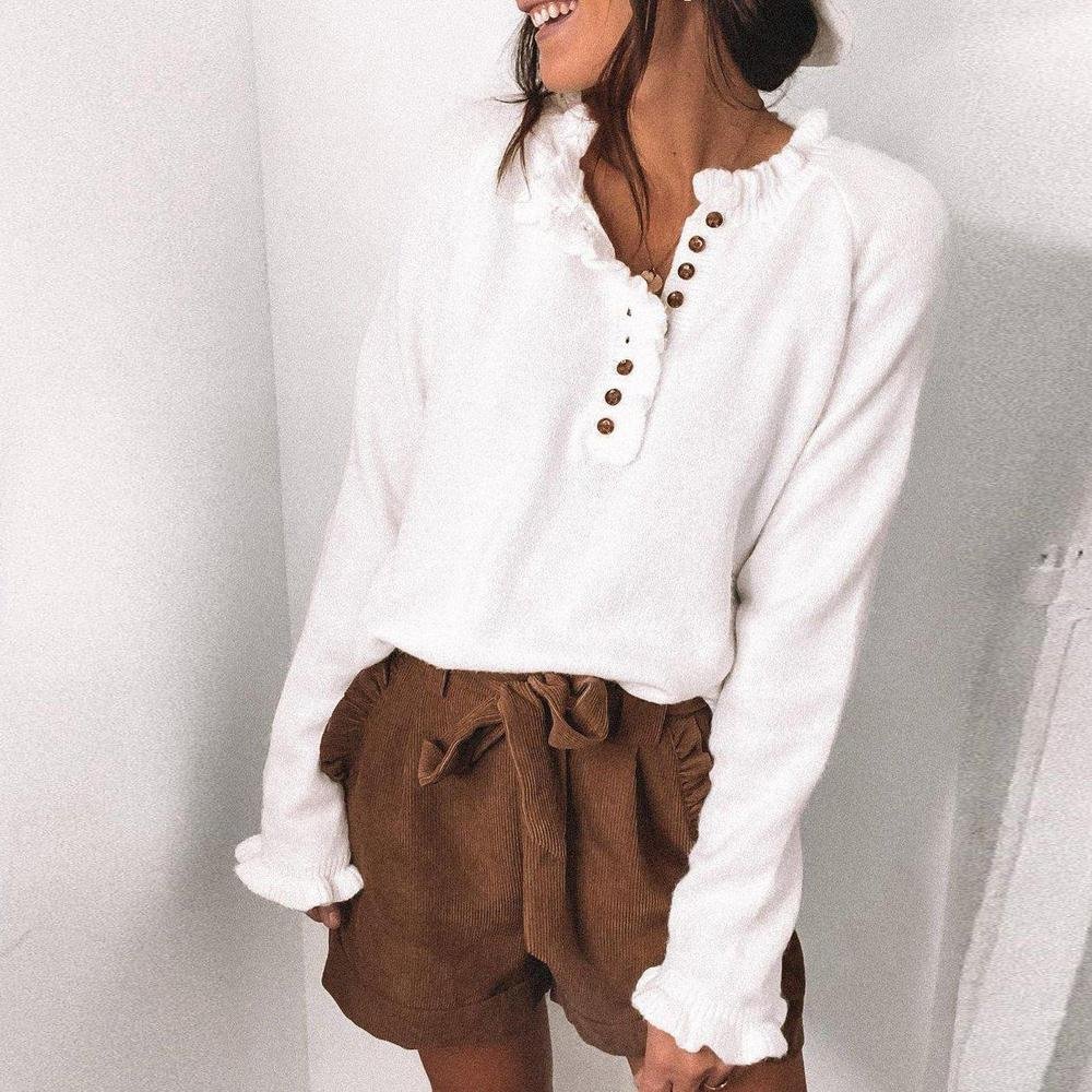 Retro White V-Neck Ruffle Trim Long Sleeve Sweater