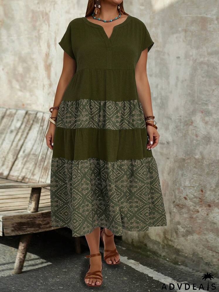 Plus Size Women's Geometric Printed Casual Short Sleeve Country Linen Dress With Notched Neckline And Ruffled Hem For Summer