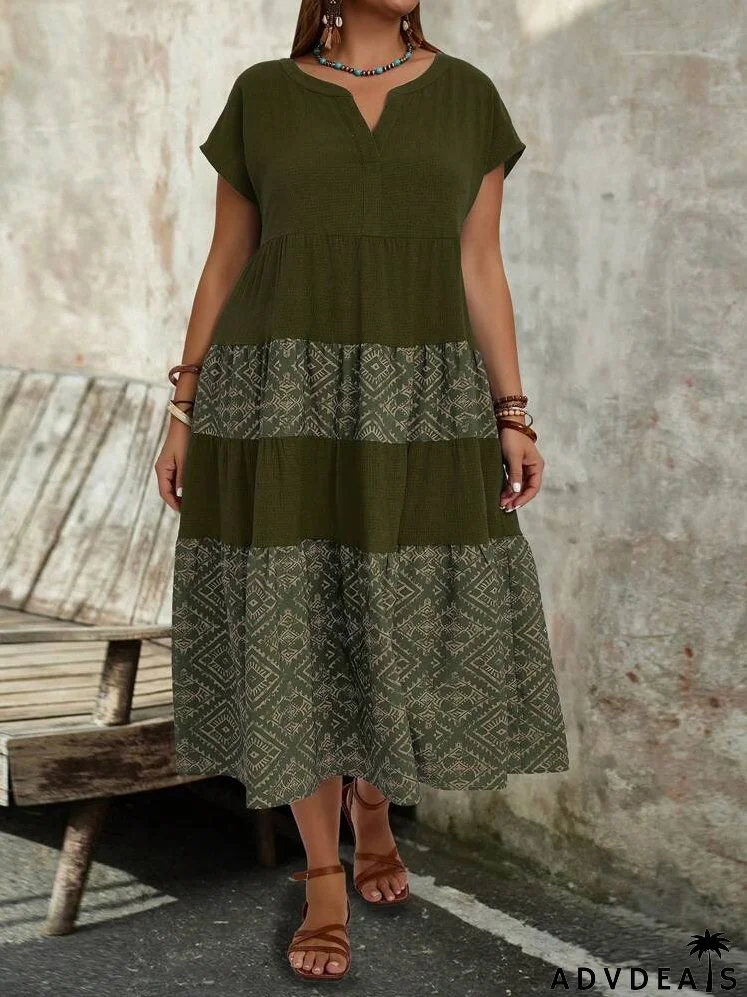 Plus Size Women's Geometric Printed Casual Short Sleeve Country Linen Dress With Notched Neckline And Ruffled Hem For Summer