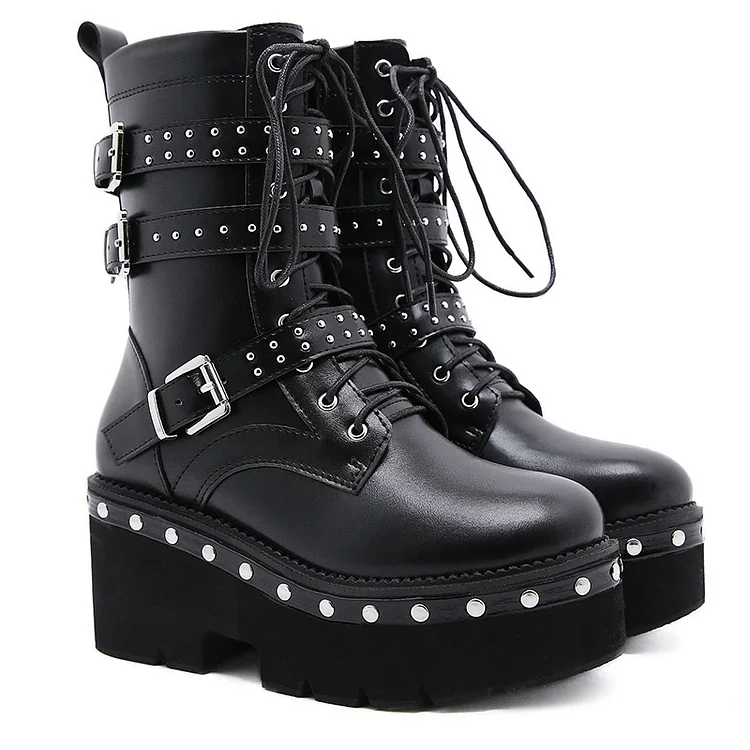 Rivet Mental Strap Lace Up High Platform Ankle Booties