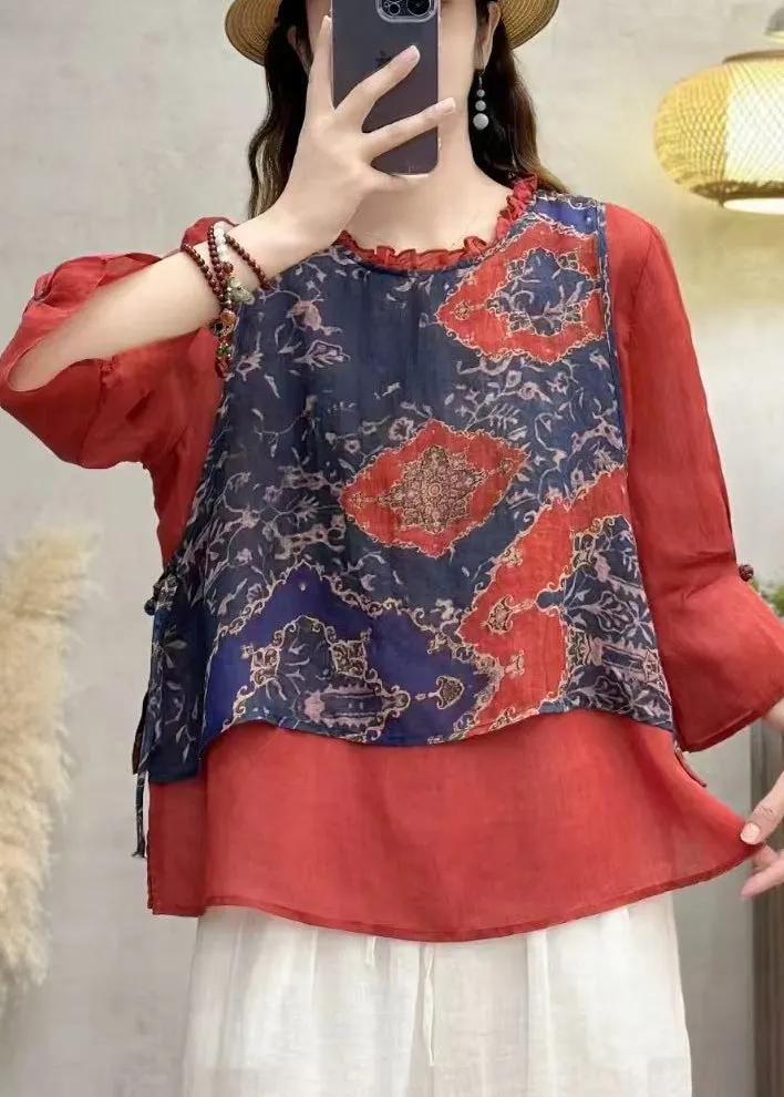Boho Red Ruffled Patchwork Linen Blouse Top Bracelet Sleeve