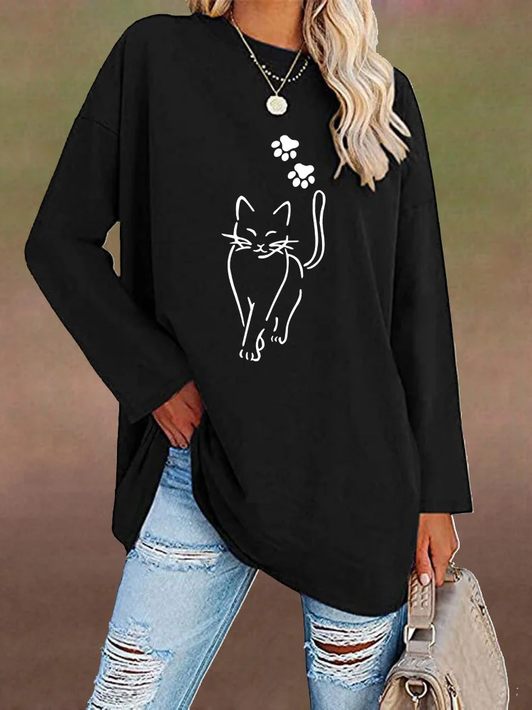 Cats Graphic Loose Long Sleeve T Shirt
