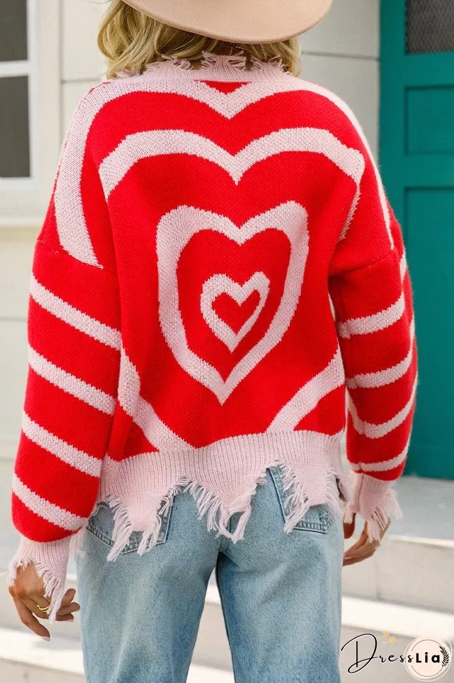 Ripped V Neck Multiple Heart Knit Pullover Sweaters