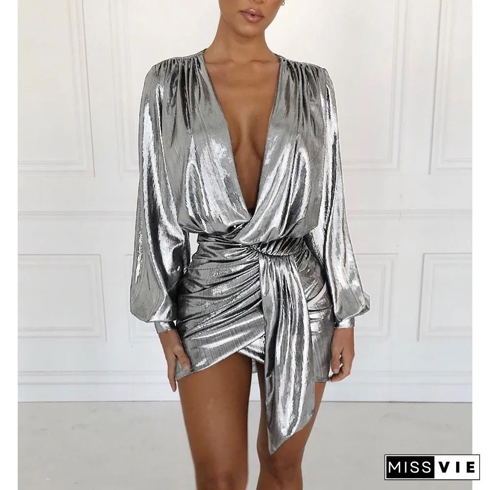 Gilding Deep V-neck Zipper Sexy Skirt Nightclub Dress