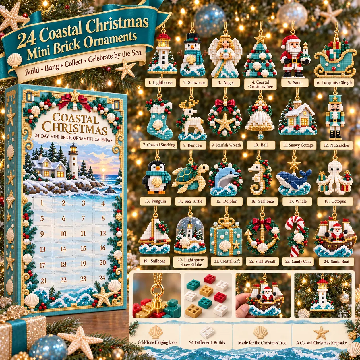 All 24 Coastal Christmas ornaments, individually named and numbered to match the design list below