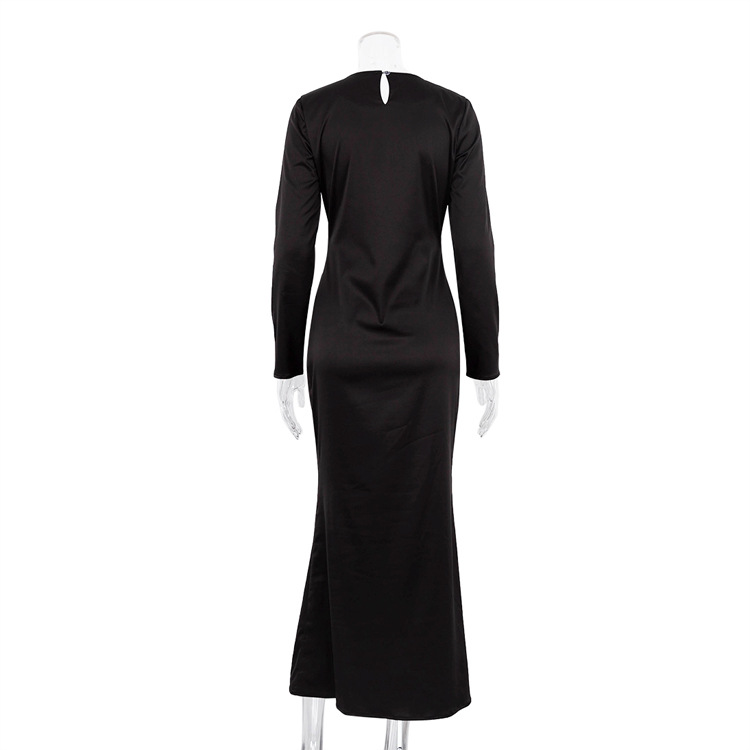Ootddress Hollow Out Satin Fashion Maxi Dress Female High Waist Slim Scoop Neck Long Sleeve Dress Solid Zipper Party Dress Summer
