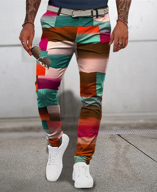 Fashion Denim Patchwork Print Pocket Slim Fit Pants 