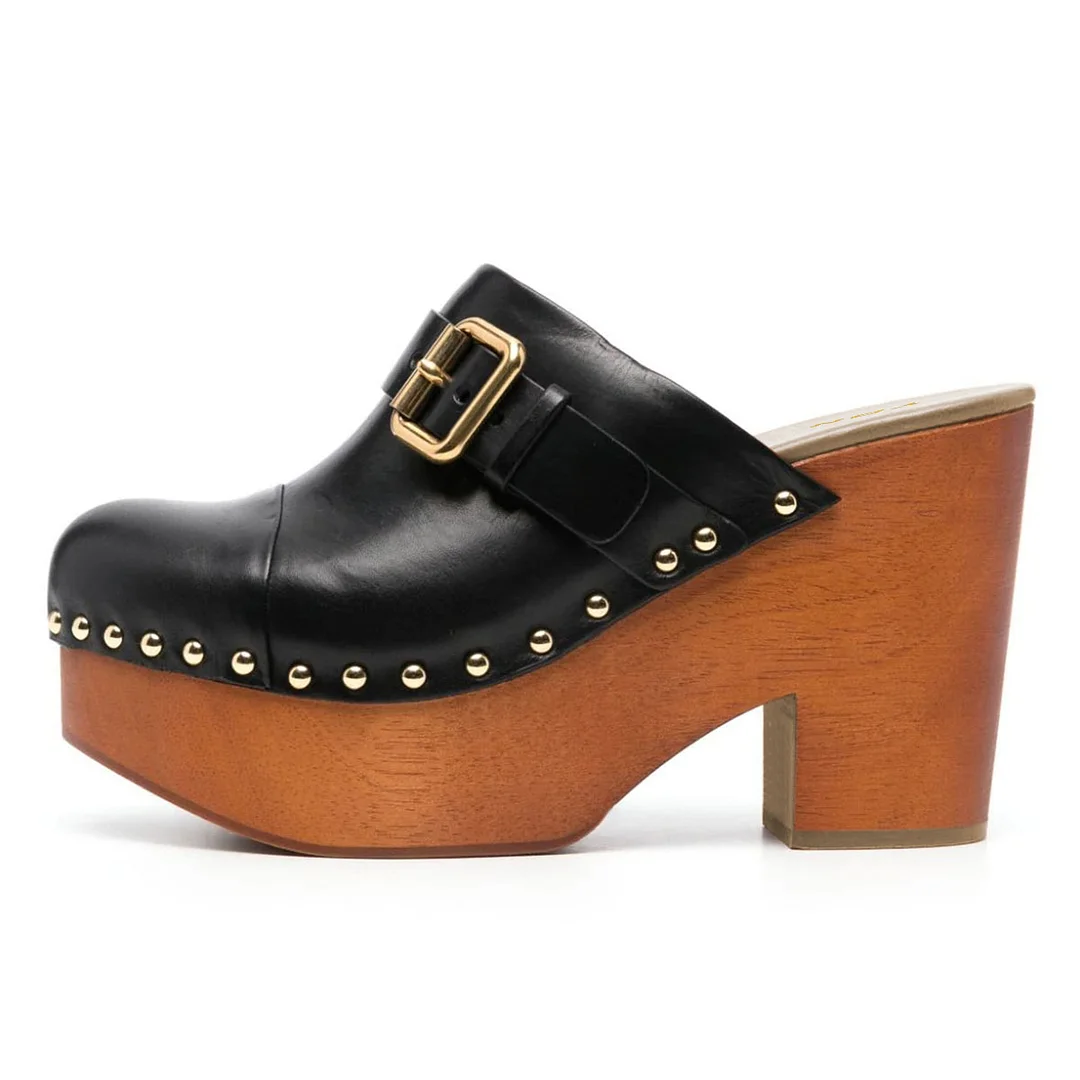 Black Buckle Strap Round Toe Block Heel Platform Mules with Studs