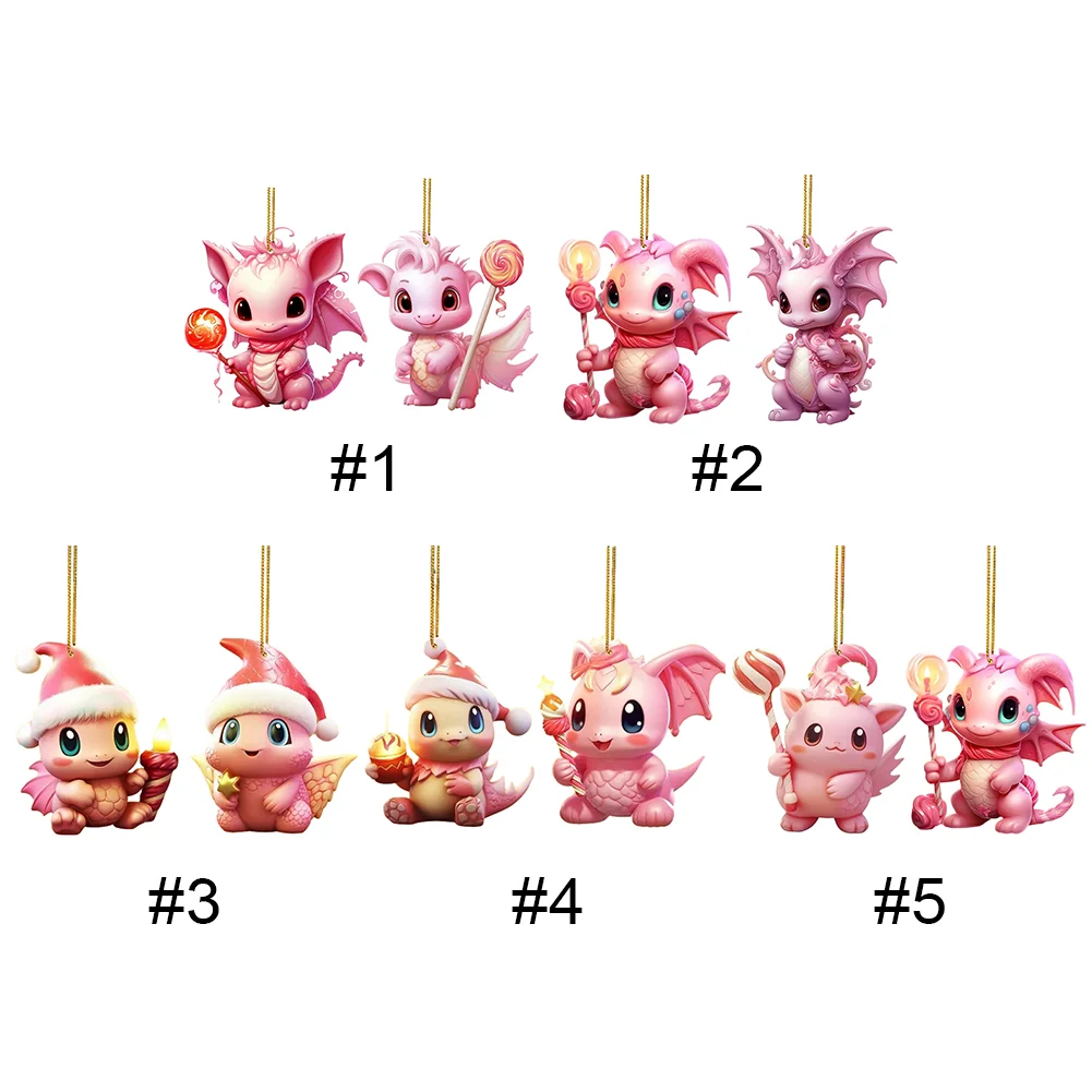 2 PCS Acrylic Pink Dinosaur 2D Flat Xmas Hanging Pendant New Year Birthday Gifts