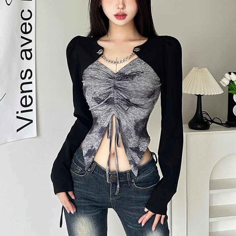 Uveng 2023 Autumn Women's New Sexy Hot Babes Slimming Irregular Niche Design Feeling Long-Sleeved Top