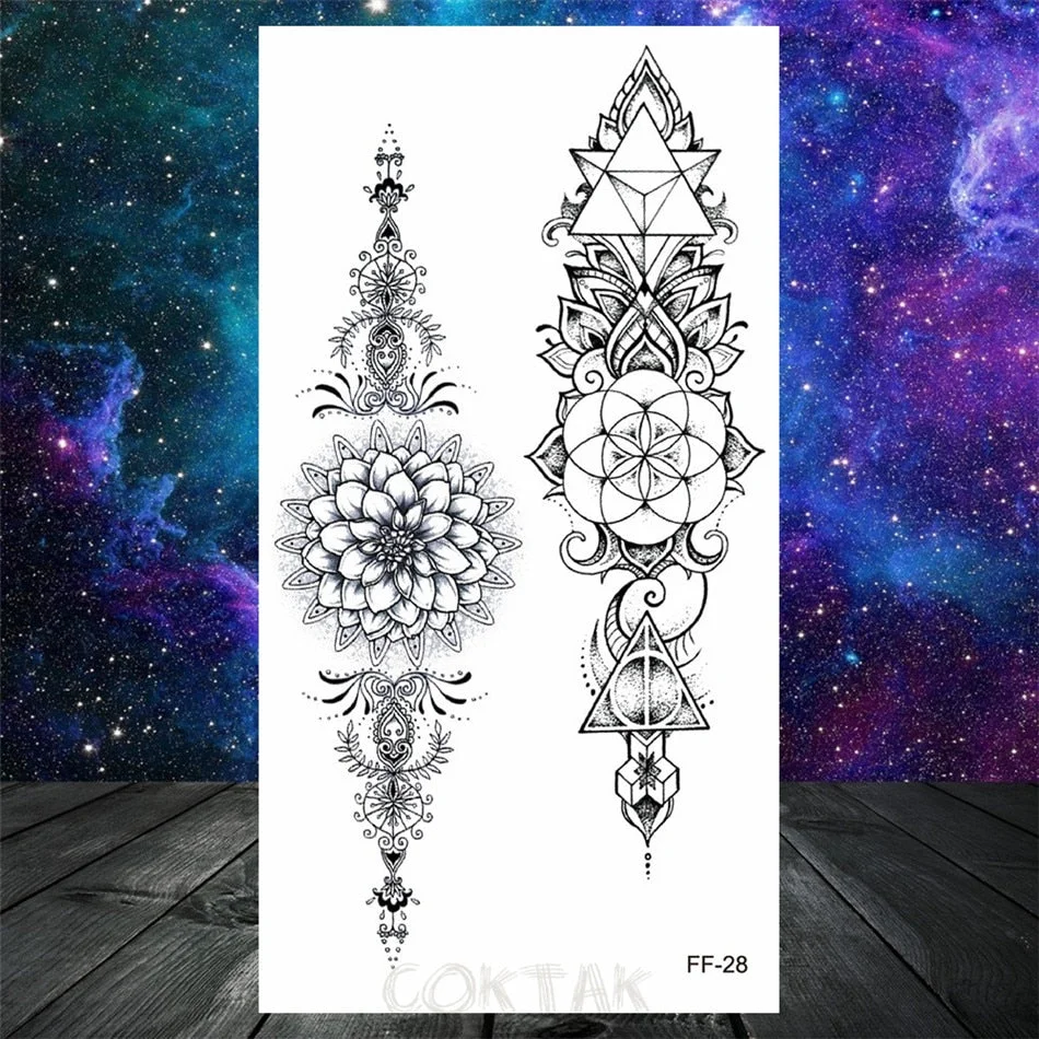 Owl Moth Jewelry Temporary Tattoo For Women Men Mandala Henna Flower Tattoo Mehndi Fake Pendants Geometric Tatoo Chest Back Lace