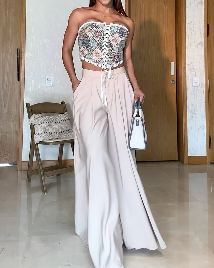 Sleeveless printed tie-strap solid color pants two-piece set