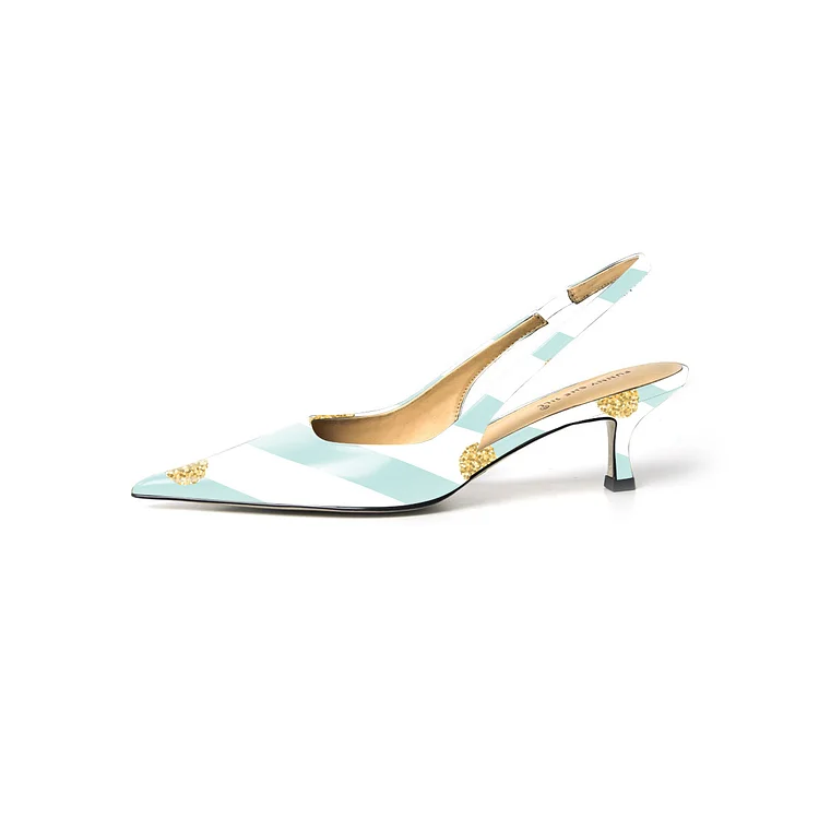White & Turquoise Kitten Heels Pointed Toe Striped Slingback Pumps |FSJ Shoes