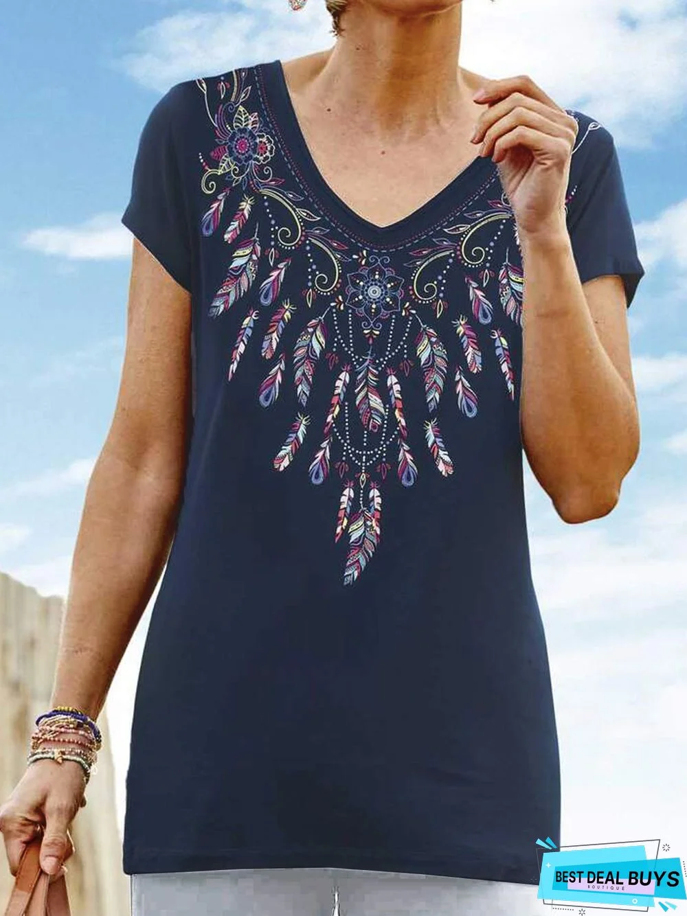 V Neck Jersey Feather Pattern T-Shirt