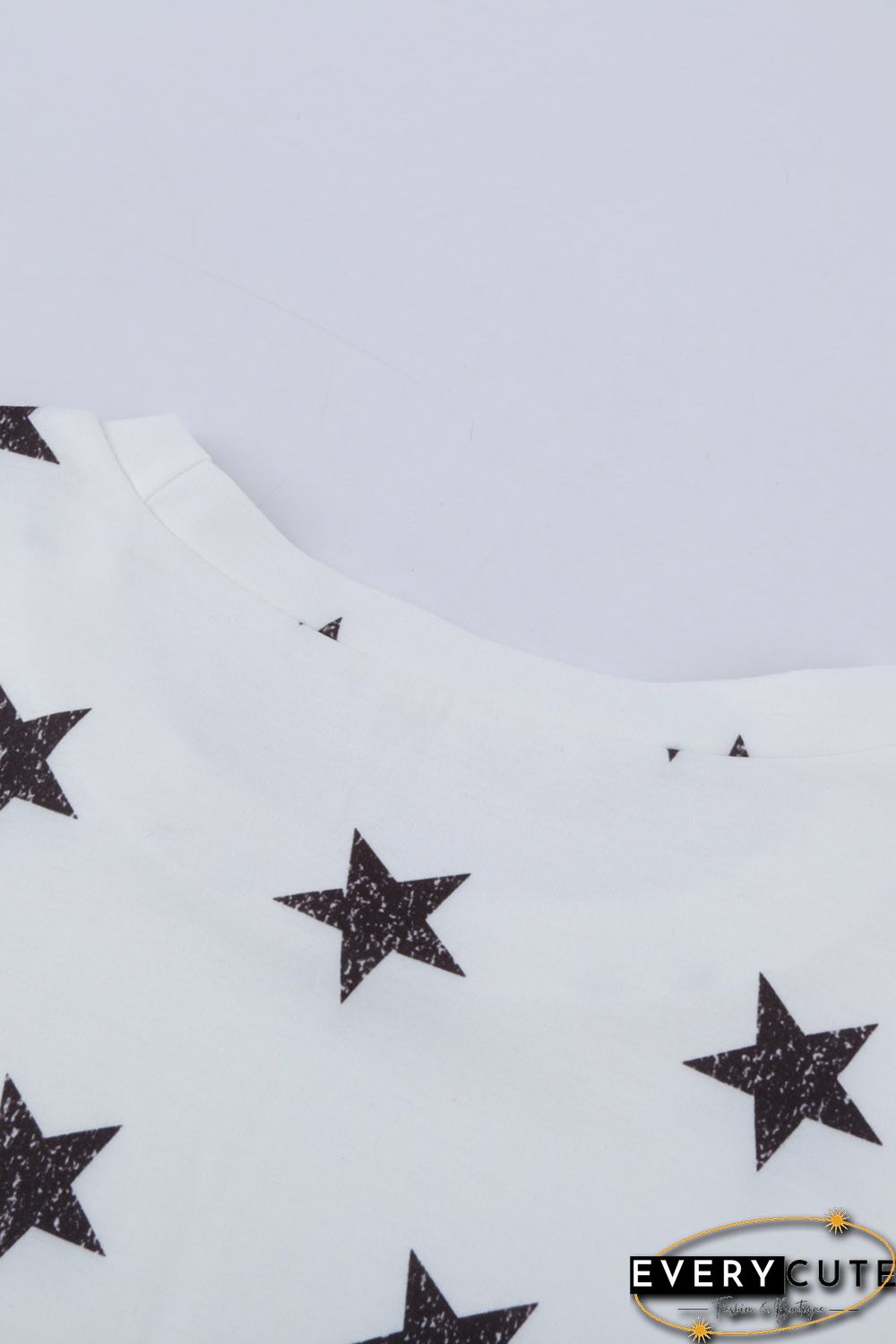 White Crew Neck Star Print Drawstring Loungewear Set with Pocket