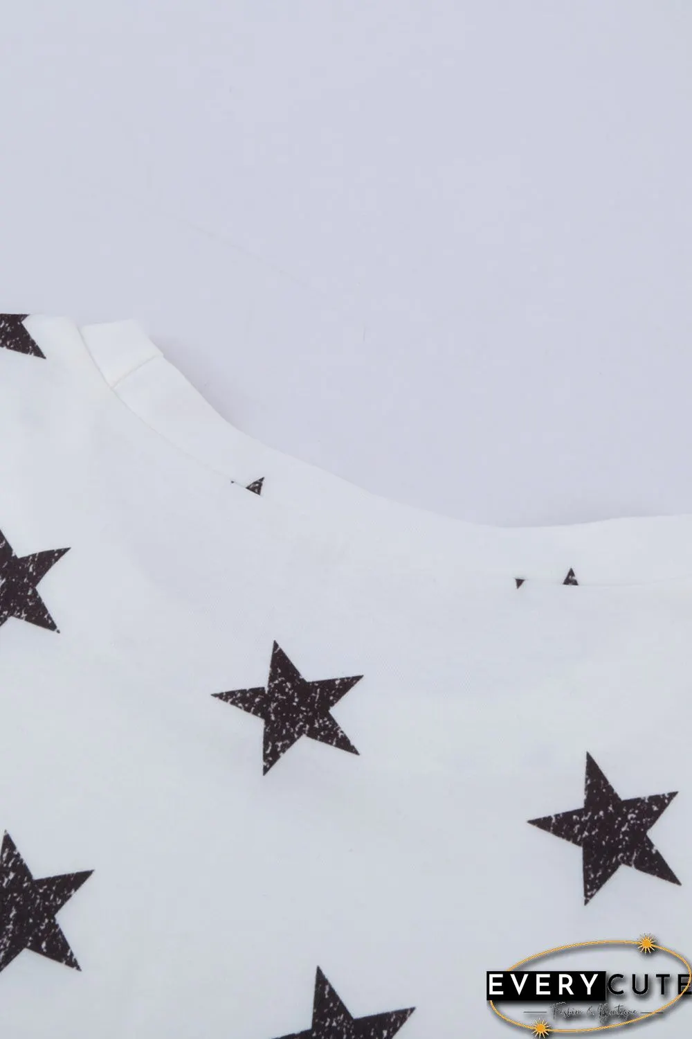 White Crew Neck Star Print Drawstring Loungewear Set with Pocket