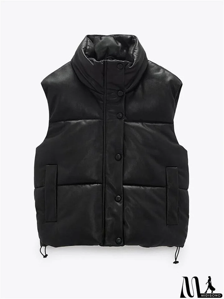 MidiSono - Winter Simple Style Sleeveless Jacket Elastic Band Stand Collar Coats
