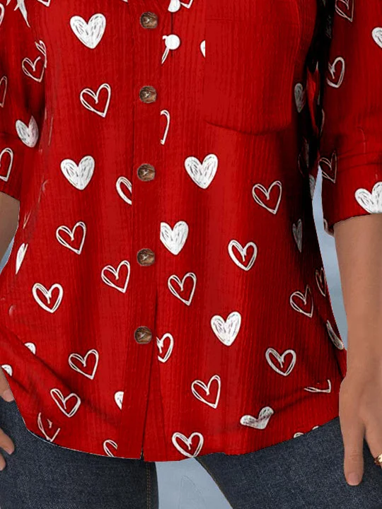 Women Long Sleeve Shirt Collar Love Printed Graphic Lace Button Pockets Tops