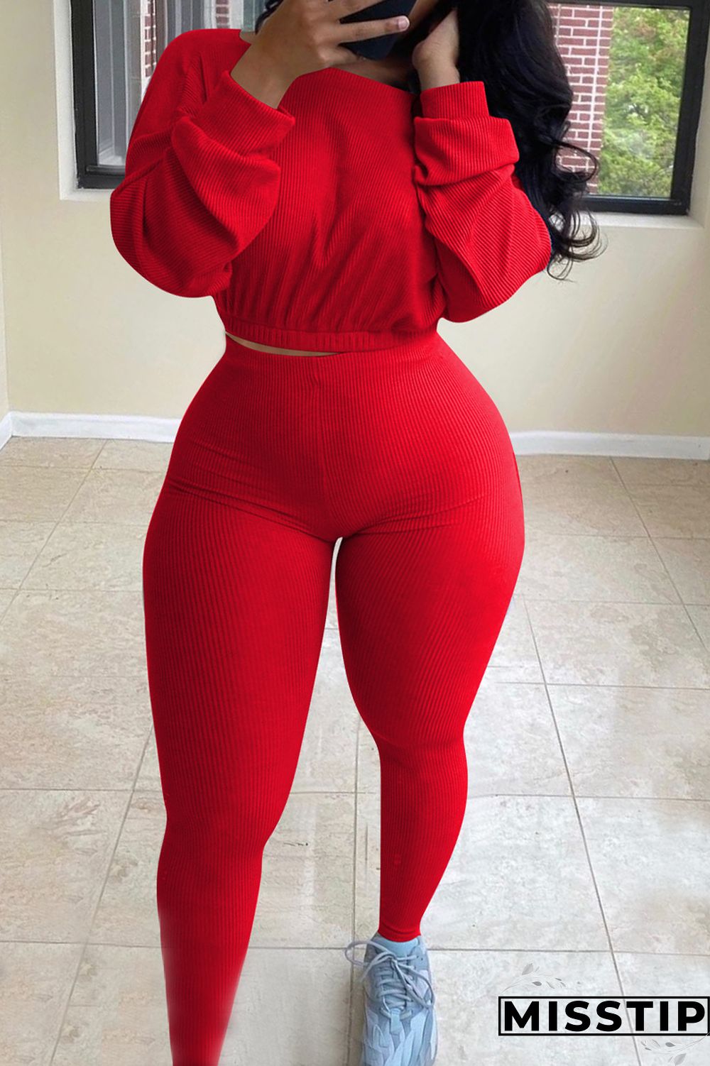 Dark Blue Active Europe and America Street Solid Skinny Long Sleeve Two Pieces