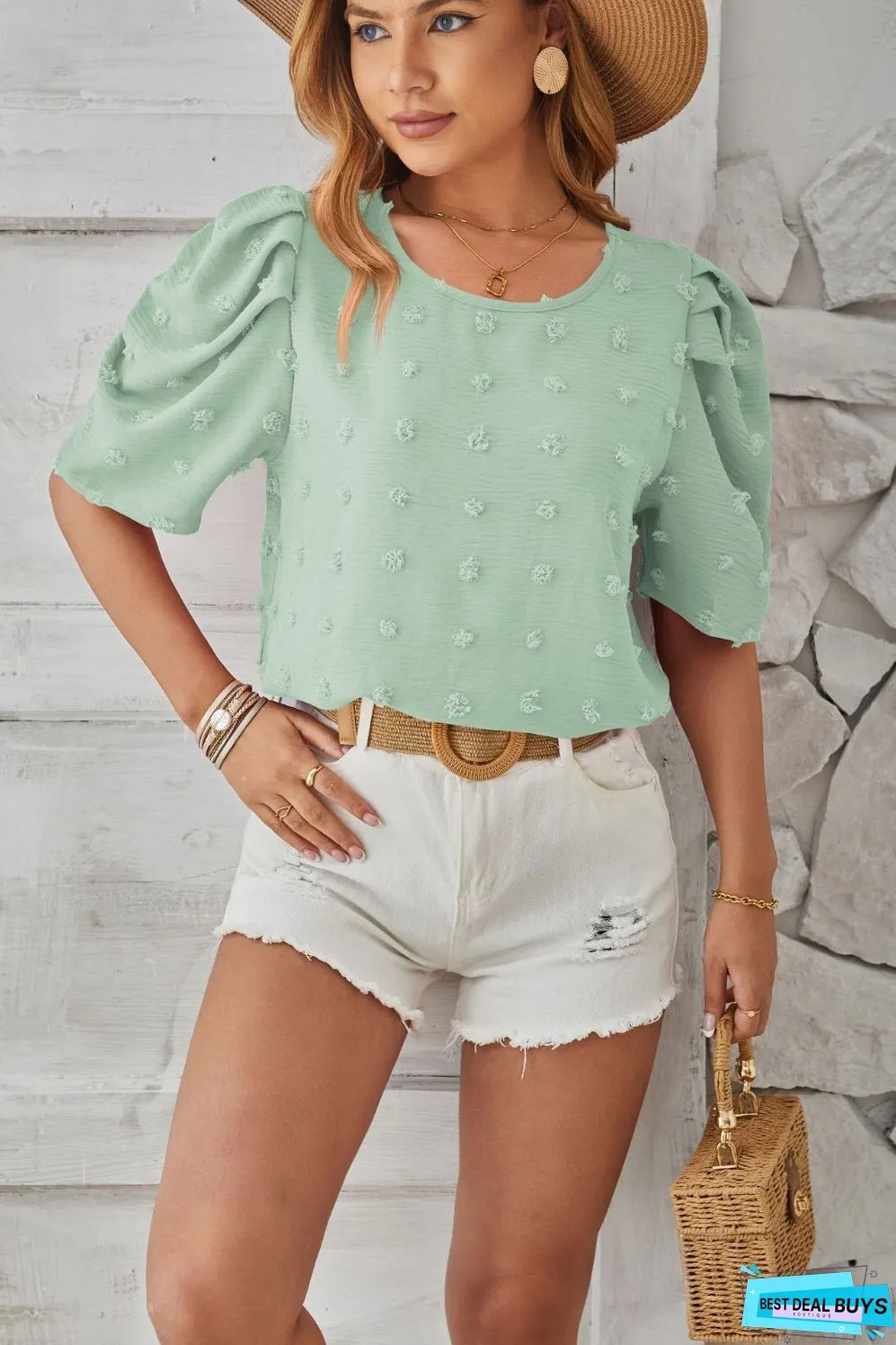 Swiss Dot Round Neck Short Sleeve Blouse