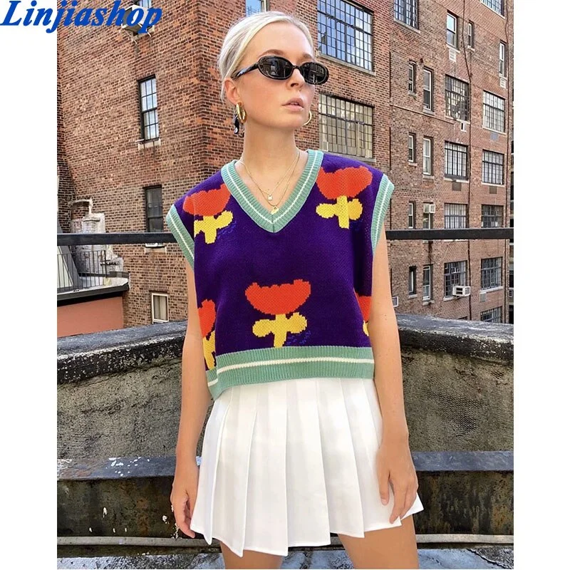 Autumn knitted sweaters women cartoon print purple sleeveless o neck loose femme sweater ladies dropshipping