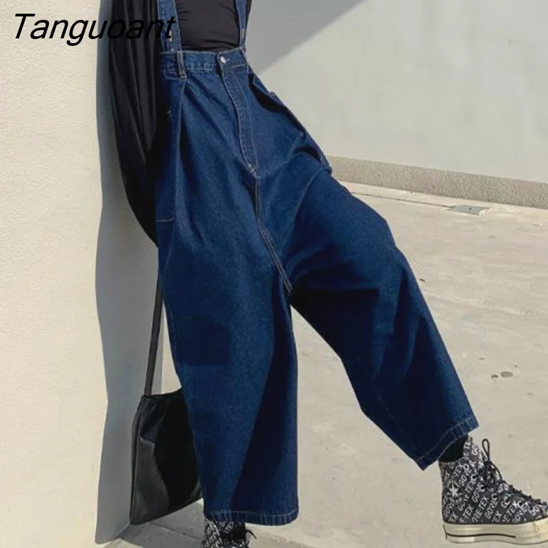 Tanguoant Women Jumpsuits Frayed Denim Solid Loose Wide Leg Button High Waist Elastic Korean Style Vintage Retro Female Trouser All-match