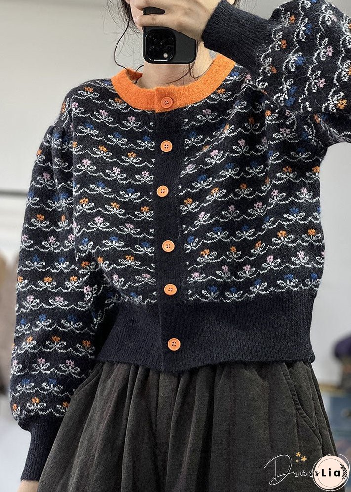 Plus Size Black O-Neck Jacquard Patchwork Knit Cardigans Winter