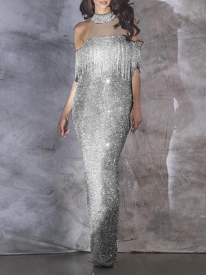 Fringed Halterneck Stitching Mesh Split Hip Dress