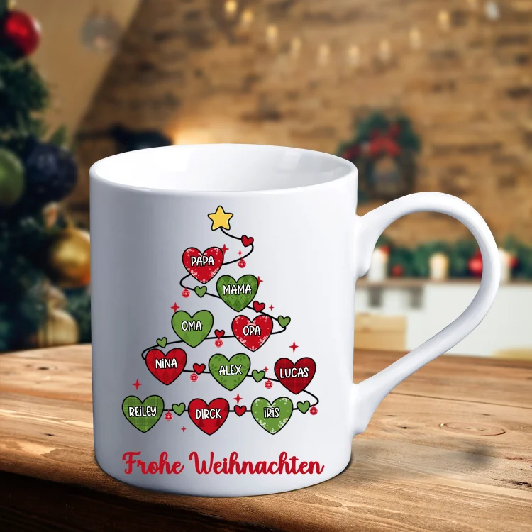 Kettenmachen Tasse-Personalisierter Text & 1-10 Namen Weihnachtsbaum Familie Becher