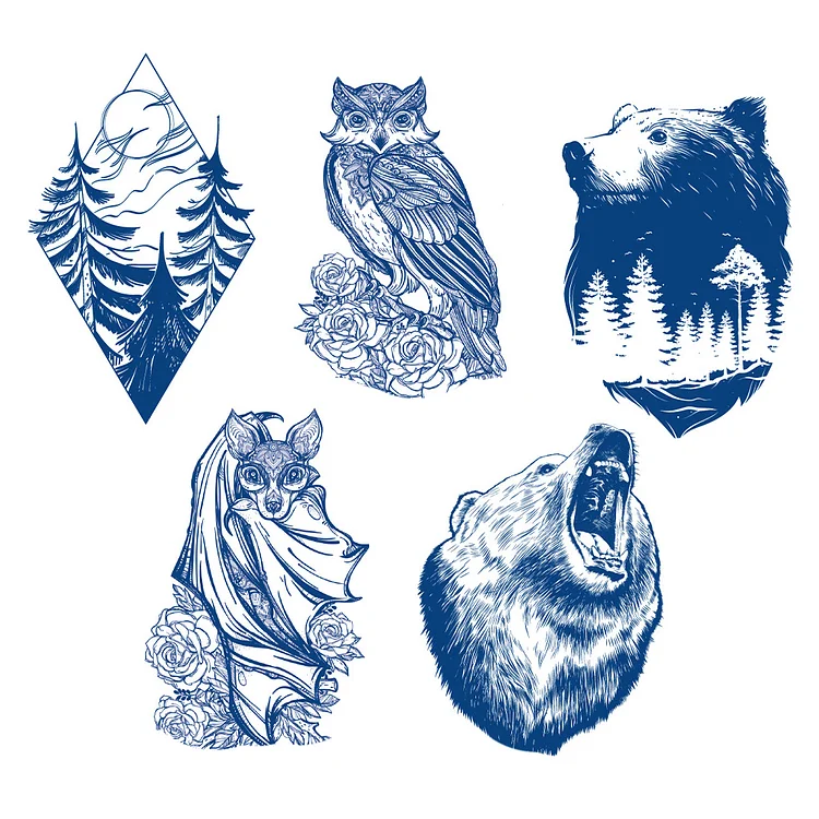 5 Sheets Semi-Permanent Forest Bear Tattoo Stickers