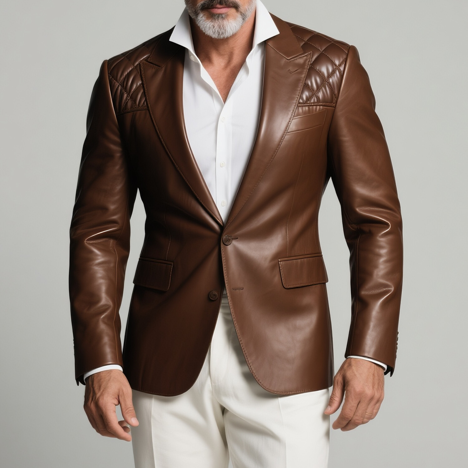 Men's Peak Lapel Two Button Long Sleeve Quilted Shoulders PU Leather Blazer