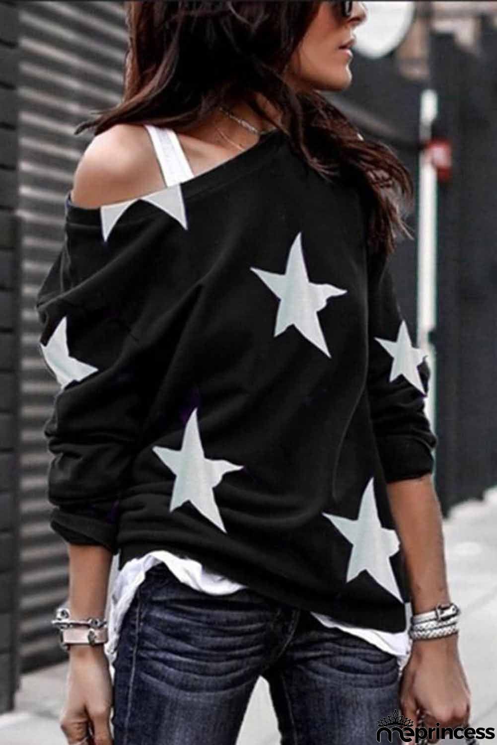 Fashion Five-pointed Star Print Round Neck Black Sweatshirt