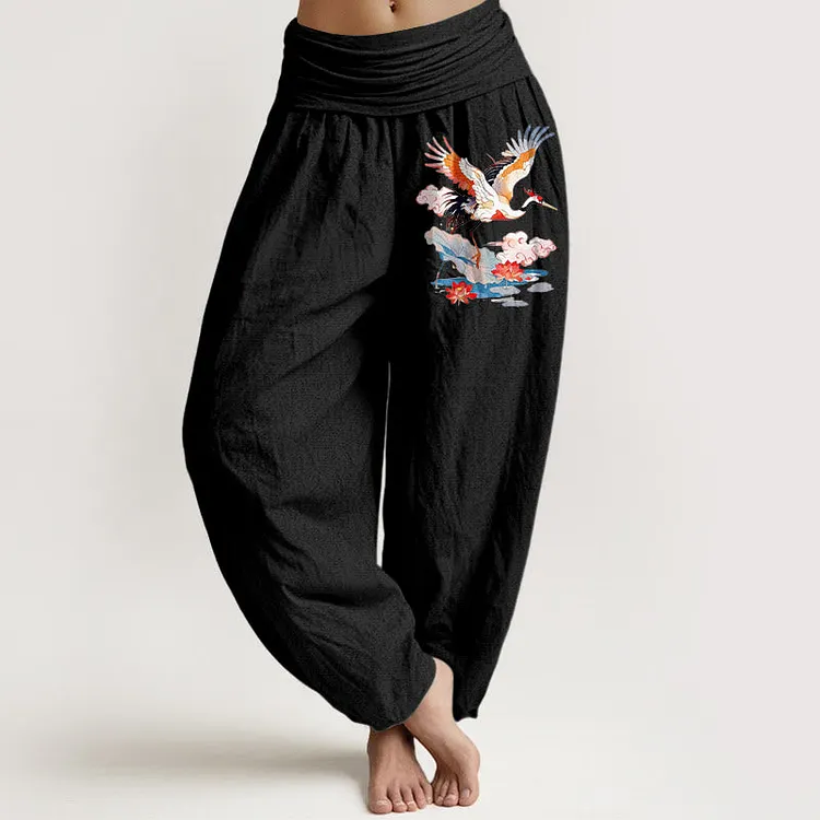 Cotton Colourful Crane Lotus Leaf Flower Cloud Pattern Women's Elastic Waist Harem Pants