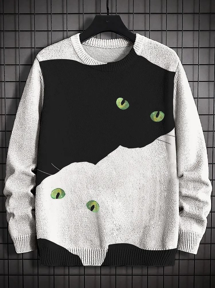 Men's Cat Yin Yang Print Knit Sweatshirt