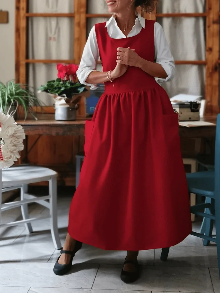 Vintage Red Apron with Pockets