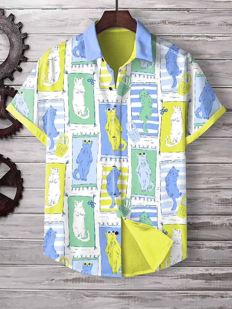 Men's Cat Illustration Vacation Art Print Shirt