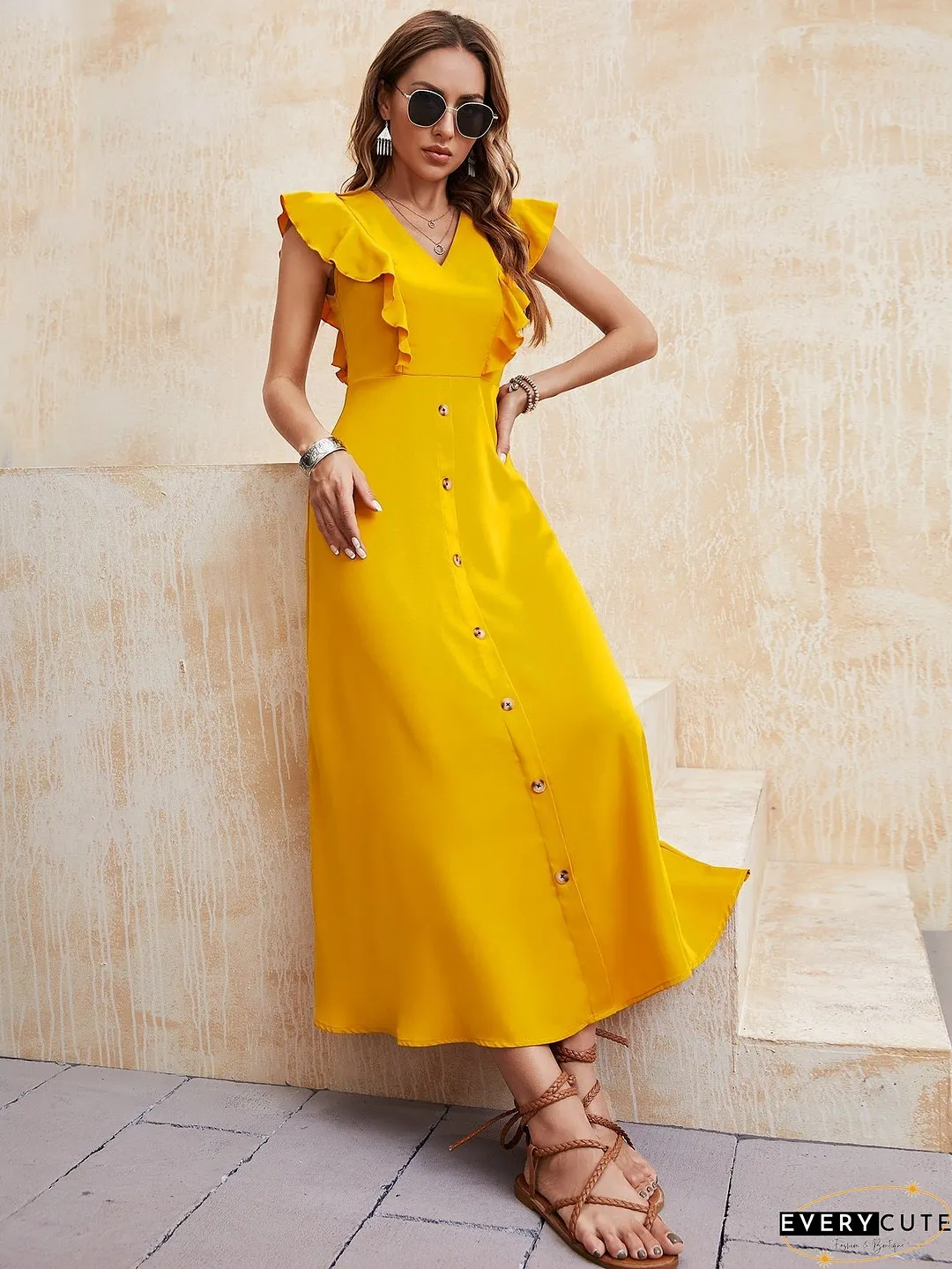 Yellow V-Neck Swing Sleeveless Ladies Dress