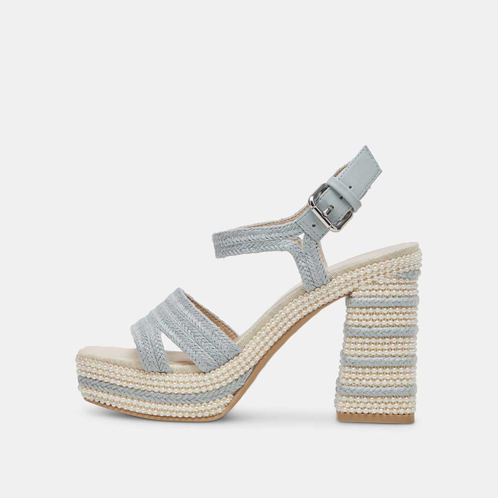 Blue Round Toe Chunky Heel Ankle Strap Embellished Platform Sandals Nicepairs