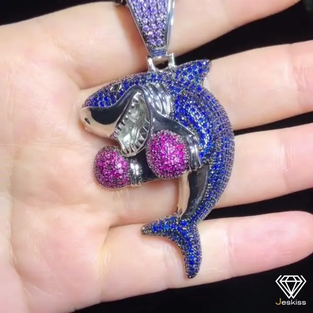 Boxing Shark Iced Out Bling CZ Stone Gold/Silver Pendants