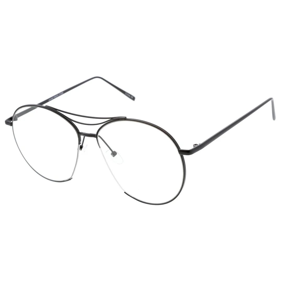 Oversize Semi-Rimless Brow Bar Round Clear Flat Lens Aviator Eyeglasses 59mm