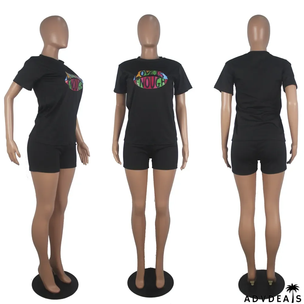 Letter Lips Print Casual Two Piece Shorts Suit