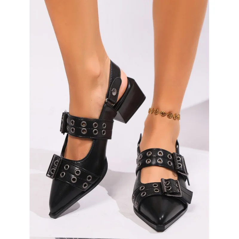Breakj Breakj Mary Jane Single Shoes Women's Back High Heels 2025 New Coarse Heel Belt Buckle Rivet Tip