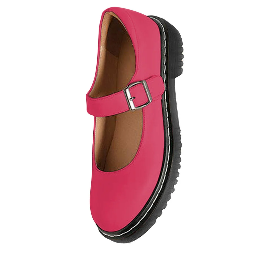 Vegan Leather Round Toe Strappy Platform Mary Janes in Fuchsia