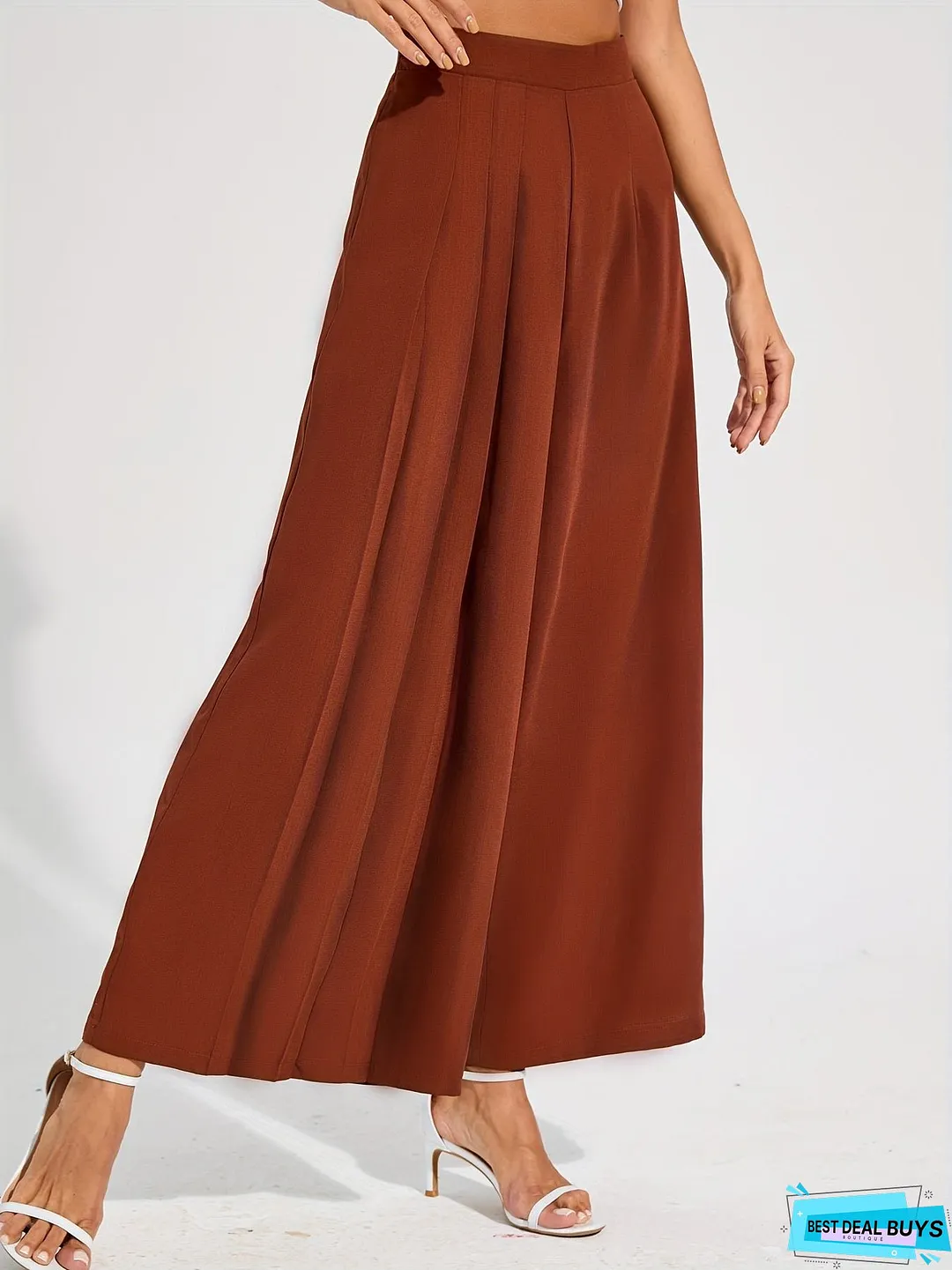Solid Pleated Wide Leg Pants, Elegant High Waist Palazzo Pants, Women's Clothing