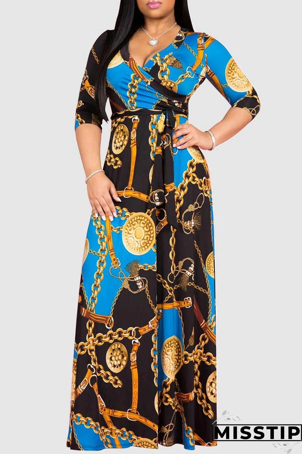 Burgundy Casual Elegant Print Bandage Patchwork V Neck Straight Dresses